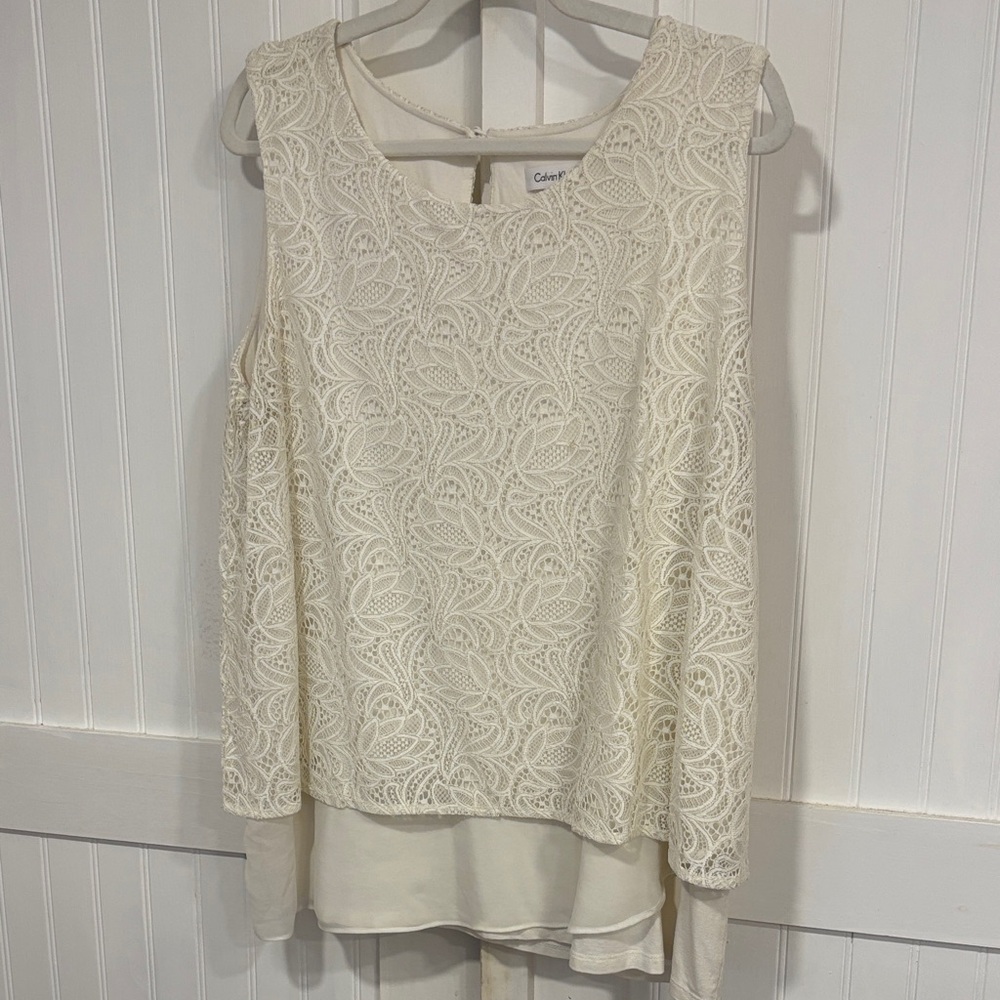 Calvin Klein Ivory, sleeveless, layered Lace Blouse size XL